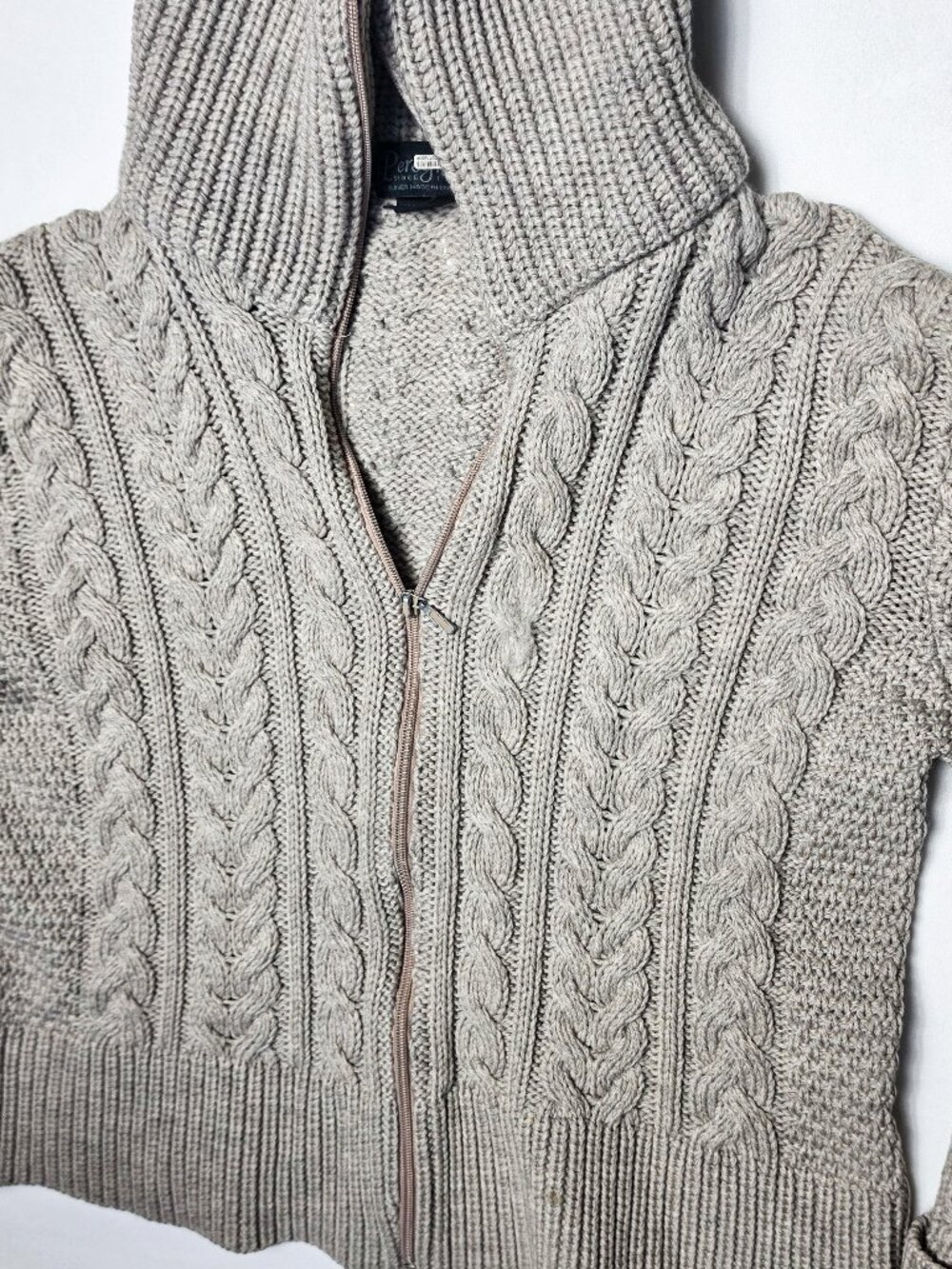 Perey Fine Pure Wool Chunky Cable knit sweater cardigan ZIP up funnel neck khaki
